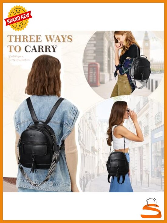 Vegan Leather Mini Backpack for Women with Detachable Tassels and Adjustable